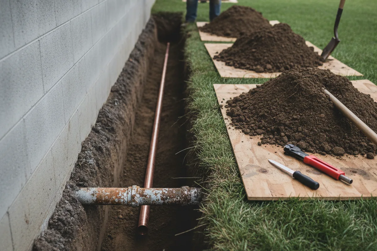 Excavated water line trench during Water Softener Installation in Halltown